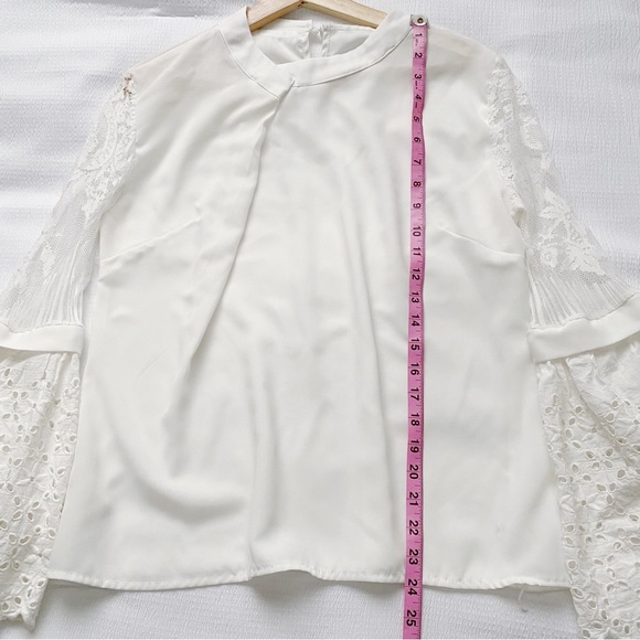 White Pleated Front Flared Eyelet Lace Sleeve Blouse - Picture 6 of 8